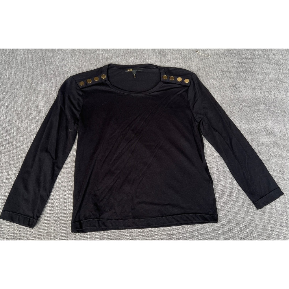 Maje Blouse Top Womens 2 Black Gold Shoulder Buttons Long Sleeve Casual Chic